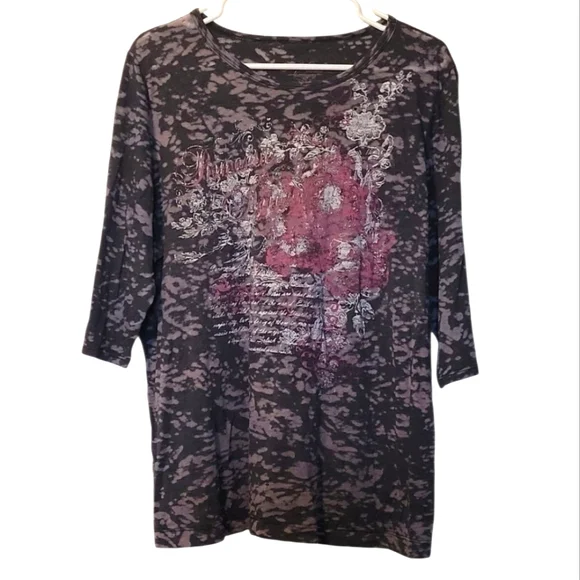 {BOGO FREE} Venezia Black and Purple Graphic 3/4 Sleeve Tee Size 18 - Picture 1 of 7